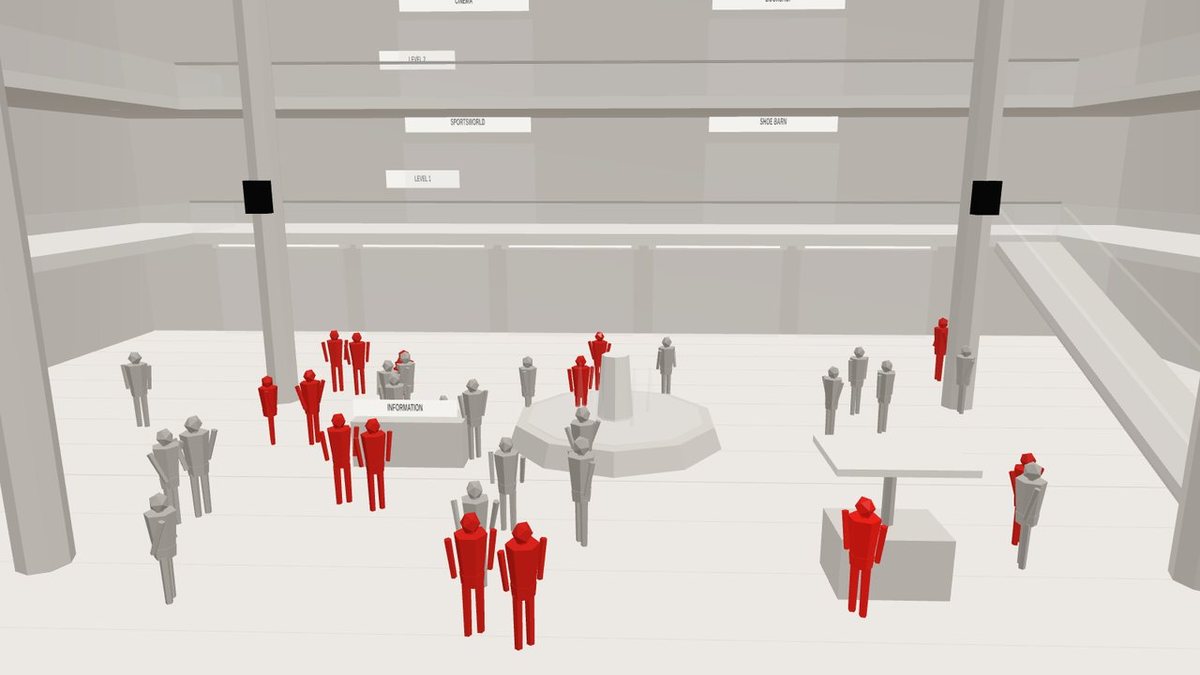 A busy mall rendered in pale grey low-poly, with red figures scattered through the crowd.