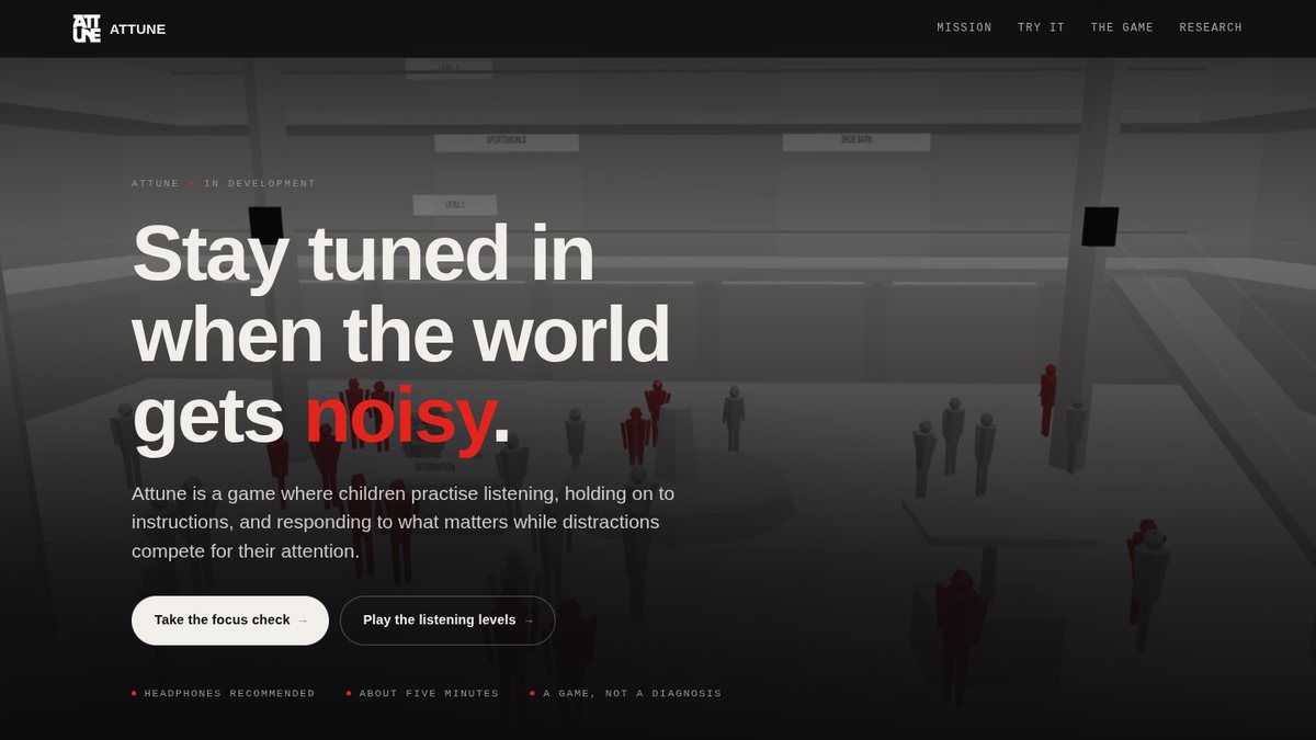 The first Attune site: white type on near-black, over a grey low-poly mall.