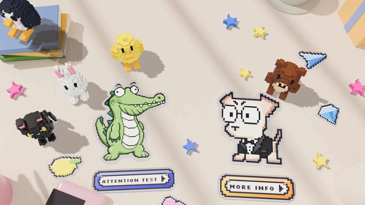 The current Attune site: voxel toys and pixel stickers scattered on a sunny desk.