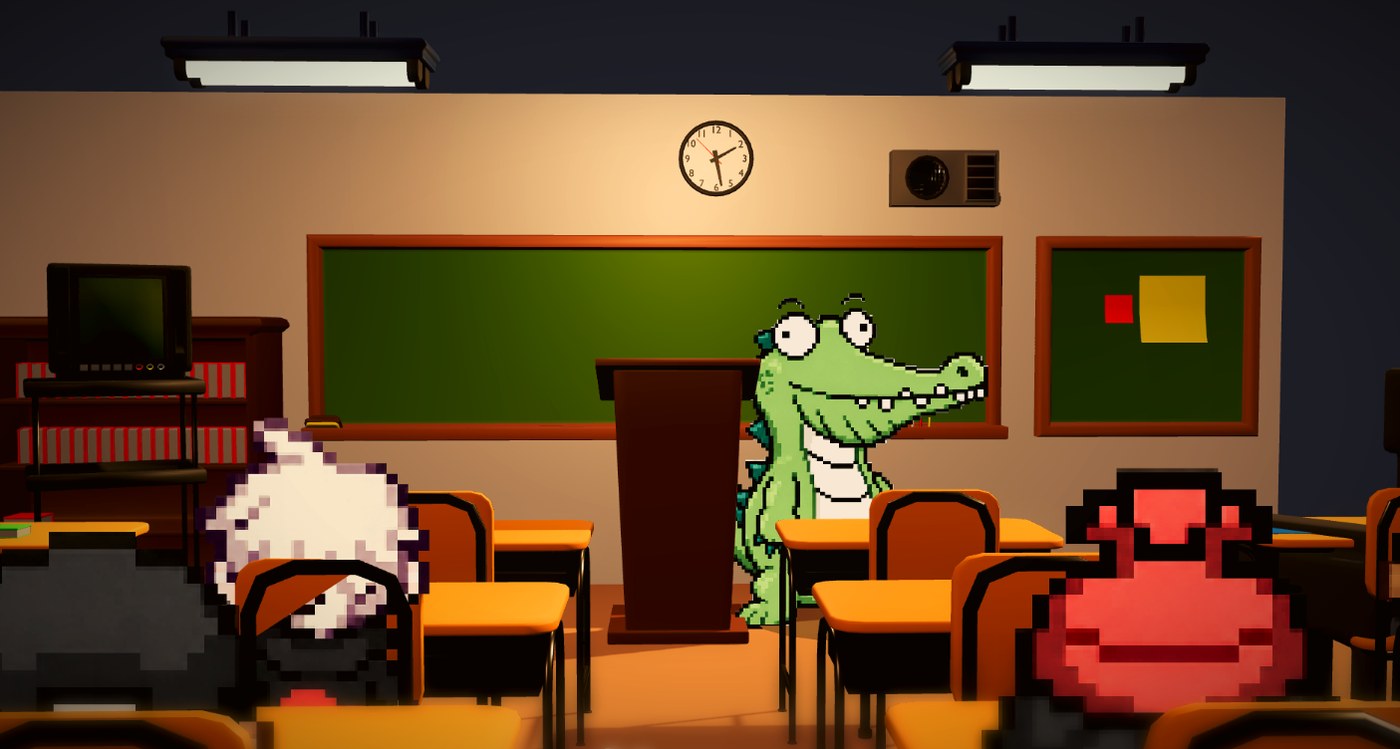 Concept render of an Attune classroom: a crocodile teacher at a lectern in front of a green chalkboard, with pixel-art classmates at orange desks.