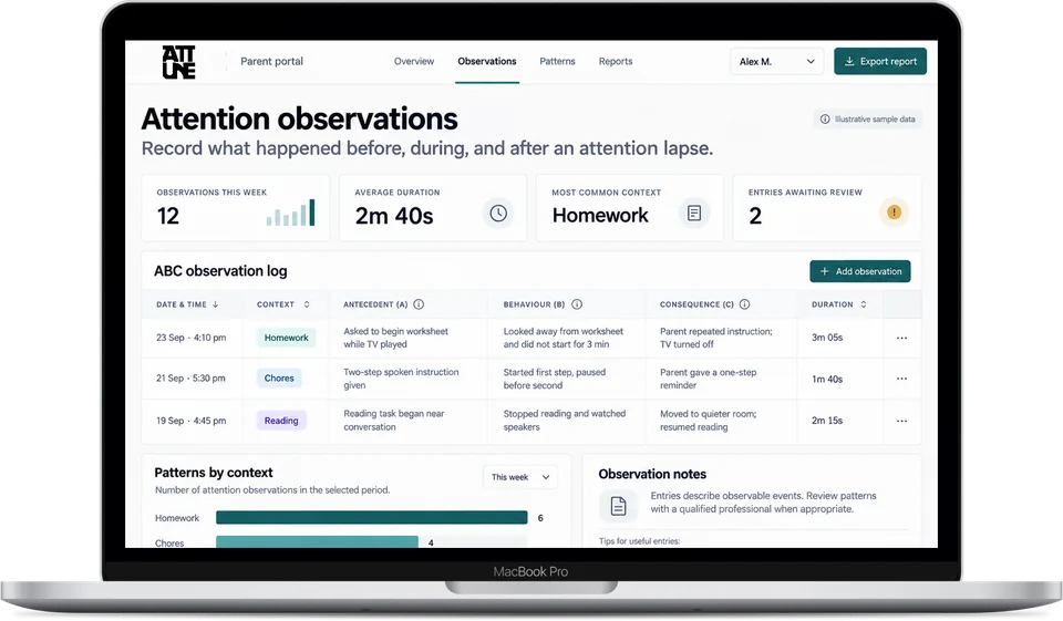 The Attune parent portal on a laptop, showing a log of attention observations.