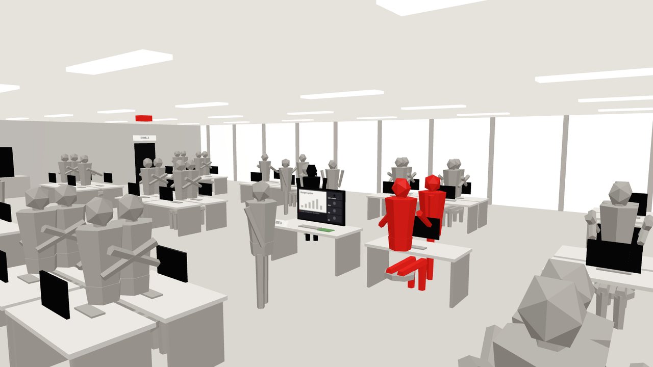 An open-plan office rendered in the game’s pale low-poly style