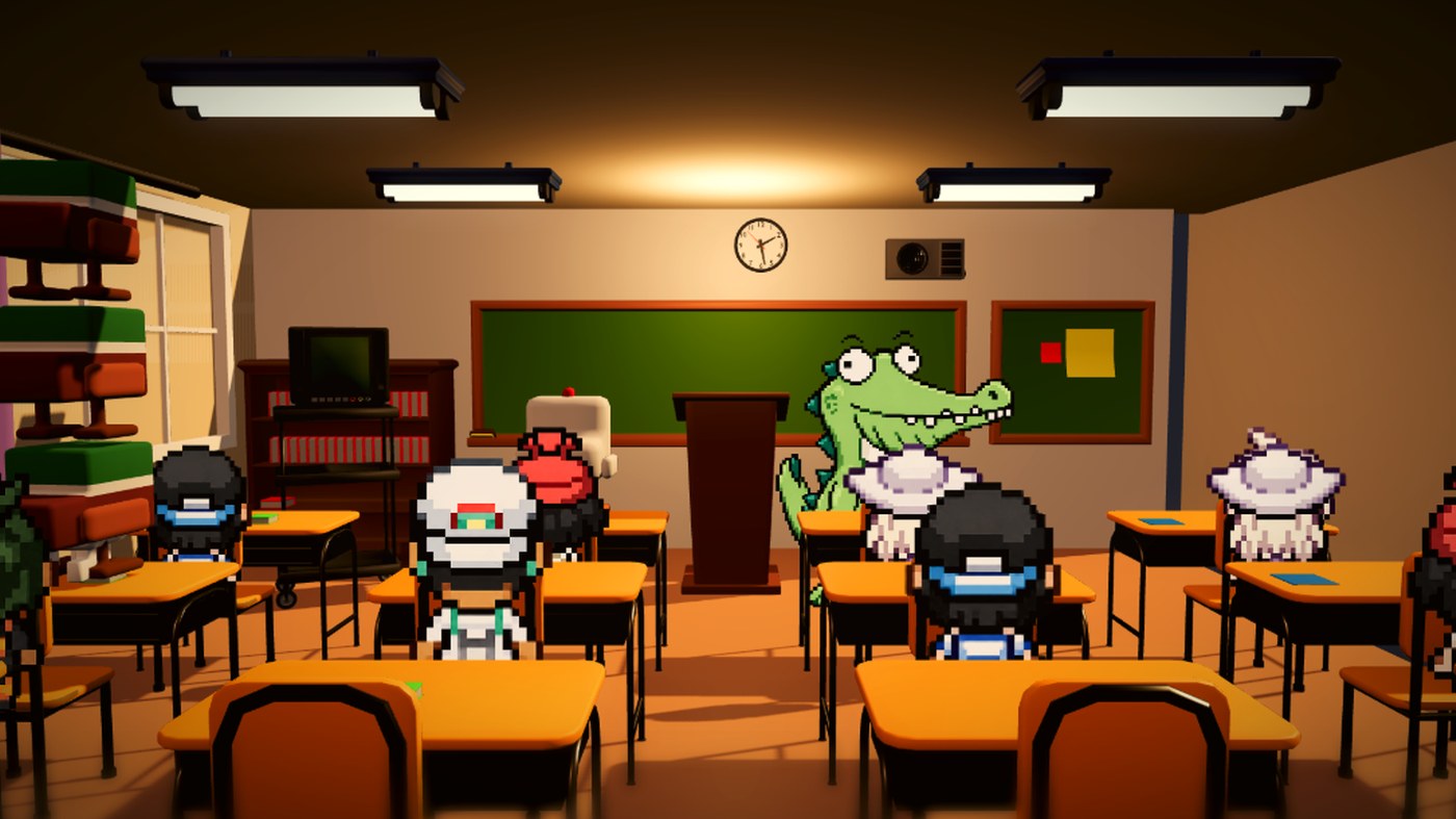 An Attune classroom: pixel-art students at orange desks in a warmly lit 3D room, with a crocodile teacher at the lectern.